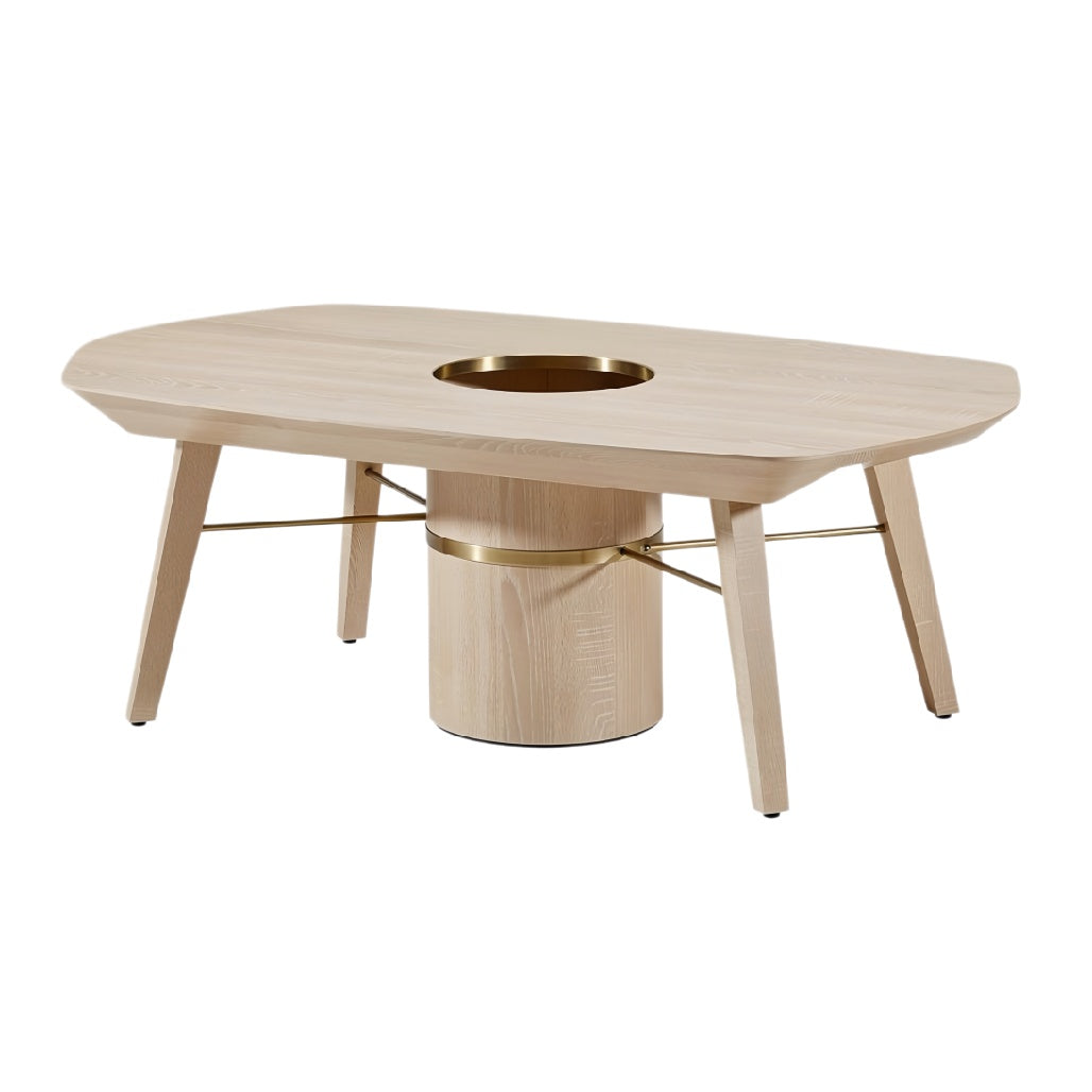 ** Moderne houten salontafel met centrale tafelpoten en metalen accenten.