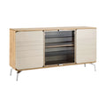 Moderne houten kast met glazen deur en metalen poten**